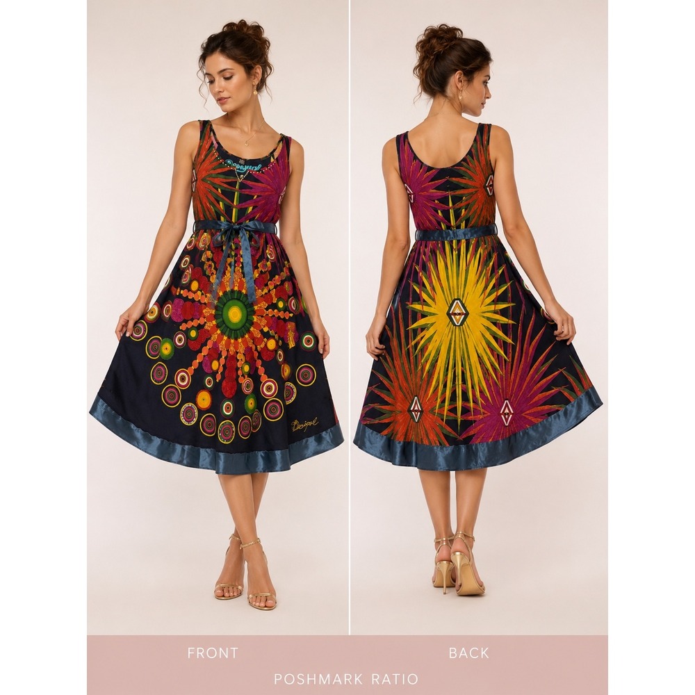 Desigual Sleeveless Dress L Navy Mandala Sequin‎ Starburst Maximalist Festival